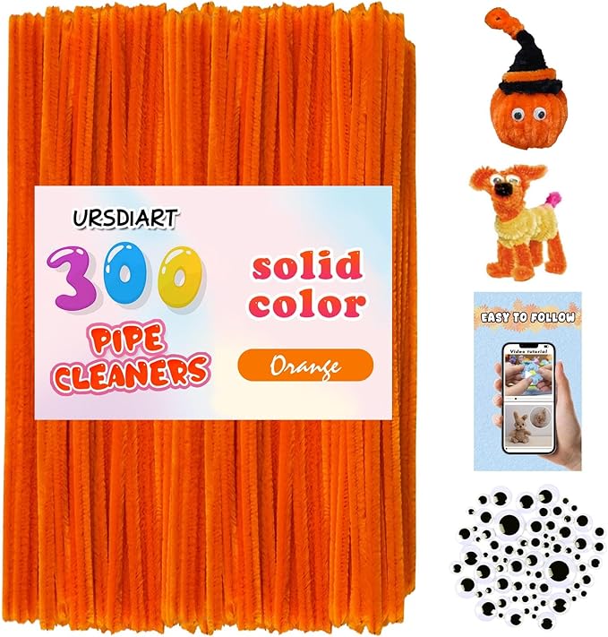 URSDIART (350pcs/Set) Orange Pipe Cleaners and Wiggle Eyes, Pumpkin Color Halloween Chenille Stems Pipe Cleaners Bulk 12 Inch Pipe Cleaners for Crafts DIY Creative, Christmas Decoration Art Supplies
