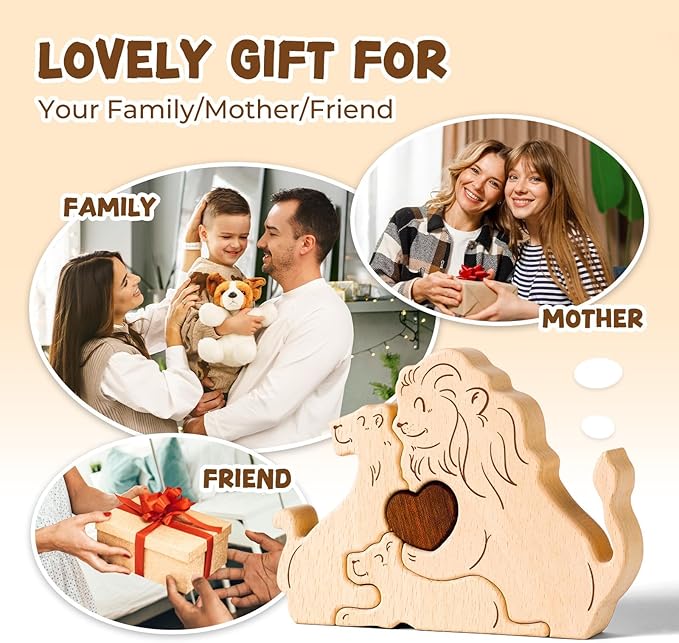 Wooden Lion Family Puzzle Games, Personalized 4 Name Puzzle for Home Crafts Decor, House Warming Birthday Party Gifts for Mom Dad Grandma Kids New Baby, Wooden Bear Family