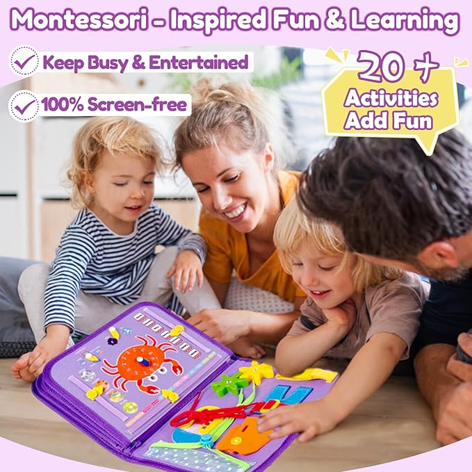 Qizfun Montessori Busy Board Book for Toddlers, Mermaid Sensory Learning Toy for Girls, Educational Fine Motor Skills Toy, Travel Busy Board for Car & Airplane