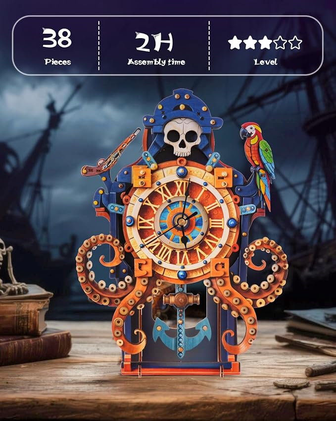 3D Wooden Puzzles for Adults, Octopus Sea Monster Clock DIY Set, Beginner 38 Pcs Wooden Puzzles, Creative Gift Ideas for Adults Teens, Home Decor