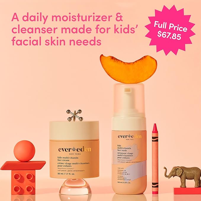 Evereden Happy Kids Skin & Lips Routine - Multi-Vitamin Face Wash & Face Cream Peach & Tinted Lip Oil Ruby Red Set - Clean & Vegan Skin Care for Kids 3+ - Moisturizing, Nourishing, & Protective