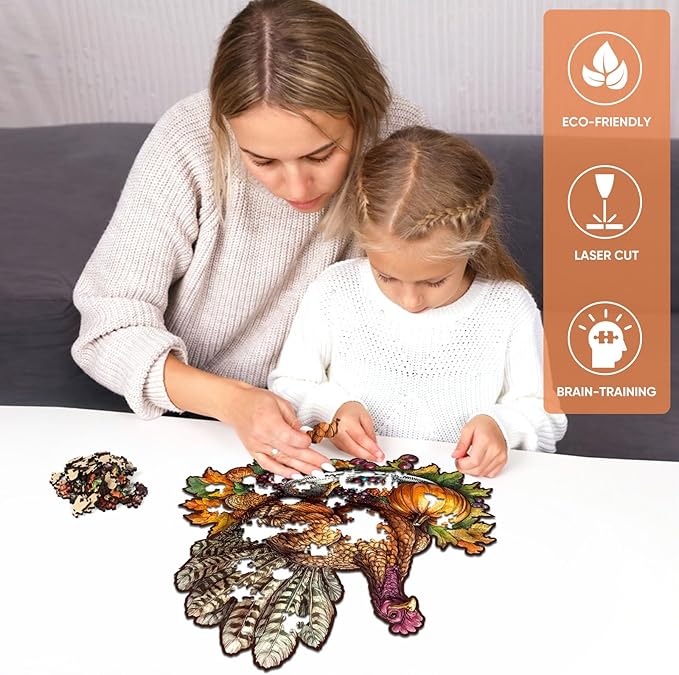 delobil Thanksgiving Wooden Puzzles for Adults, Autumn Table Turkey Jigsaw Puzzles 200Pcs, 11.2x10.7in, Medium Size, Unique Shape Adult Fall Puzzle, Thanksgiving Gift for Adults and Kids Family Game