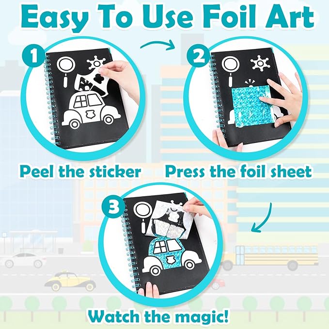 FUNNYB&G Foil Art Craft Activity for Kids - Gift for Boys Crafts for Kids Fun Art Supplies DIY Creative Travel Toy, Birthday Gift Party Favor Toys for Girls Boys 4 5 6 7 8 9 Years Old (Vehicle)