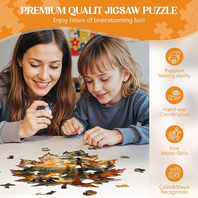 Wooden Puzzles for Adults, Wooden Jigsaw Puzzles for Adults, Brown Bear Autumn Maple Leaf Unique Shaped Wood Puzzles Adult, Creative Gifts for Friends Family Game, Home Decor (8.5 * 7.9in 90pcs)