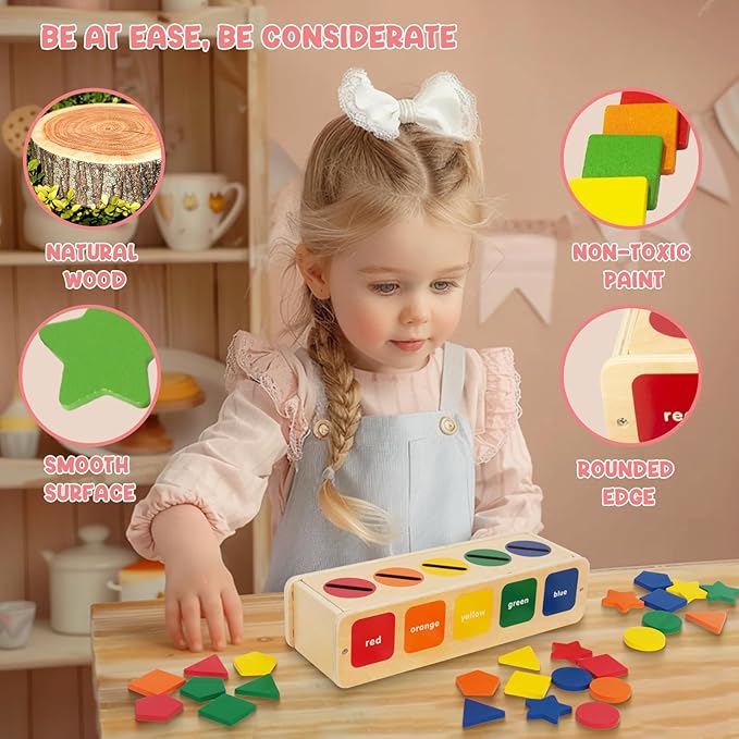 Color Shape Sorting Toy for Toddler, Wooden Montessori Shape Sorter Color Matching Box Game, Learning Sensory Toys Gift for Boy Girl 3 Year Old