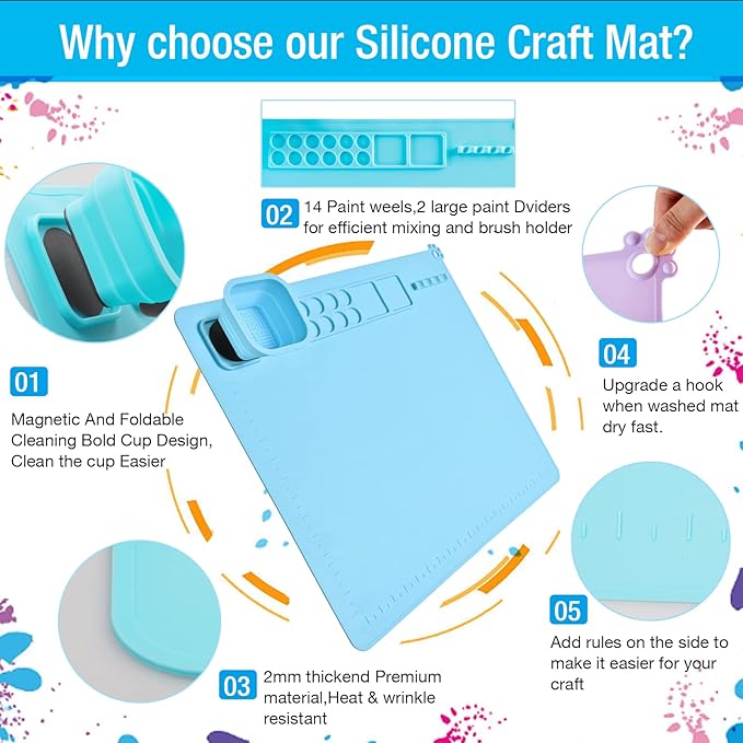 Painting Stations,Silicone Art Mat [1x Apron,1 Pair Oversleeve,20 Pieces Brushes] Painting Craft Mats 21"X17" with Detachable Cup for Resin for Kids Gift,Paint, Clay, DIY Projects