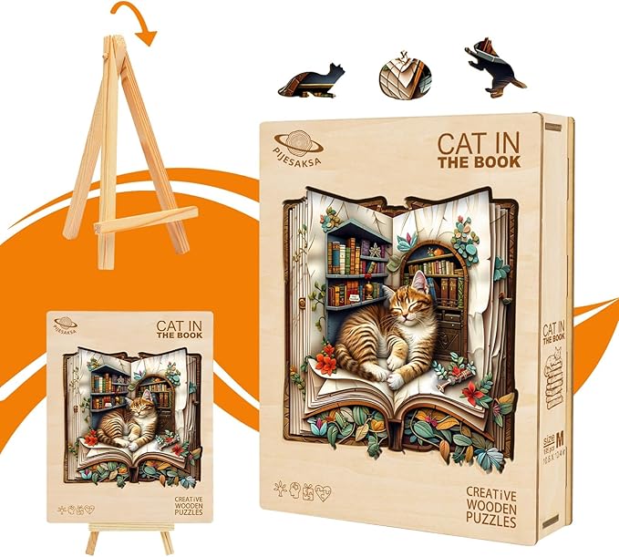 Wooden Puzzles for Adults, Cat in The Book Wooden Jigsaw Puzzle for Adults, Unique Shape Wood Puzzles Adult, Book Lovers Gifts for Teens, Wall Art Home Decor(M-10.6 * 10.4in- 195 Pieces)