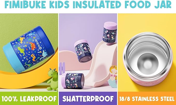 Fimibuke Kids Bento Snack Lunch Box with 4 Compartment, Insulated Bag, Stainless Steel Vacuum Thermos Food Jar, Ice Pack, Utensils Set, Birthday Gift for Age 3-12 Back to School Toddler Girl Boy Adult