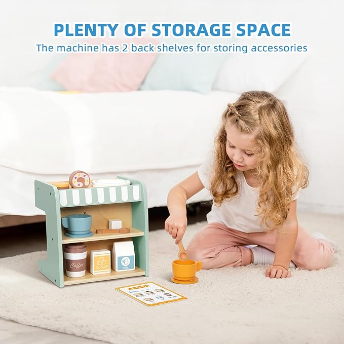 OOOK 2-in-1 Kids Wooden Toy Coffee Maker Playset, Toddler Pretend Play Kitchen Food Small Coffee Shop with 28 Pcs Play Kitchen Accessories for Girls & Boys