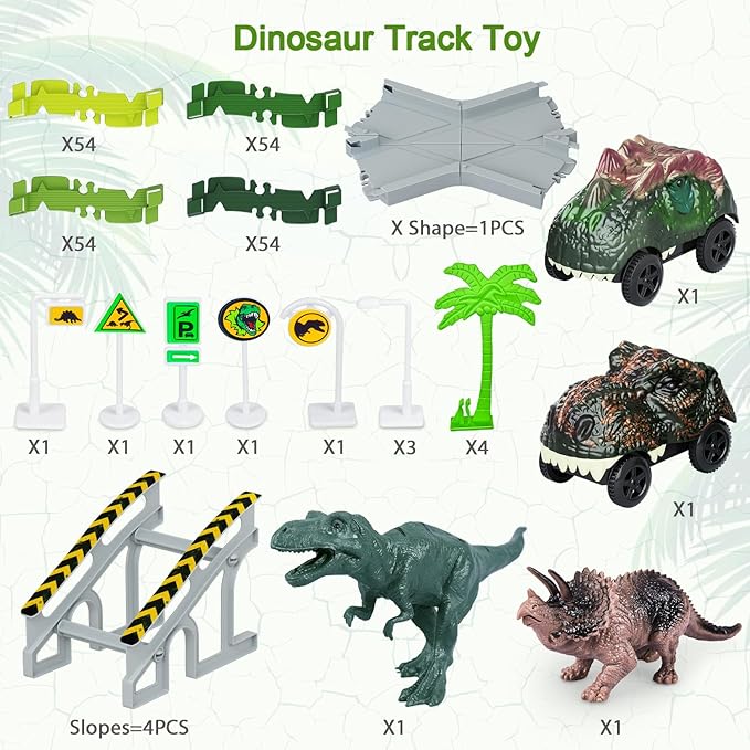 Dinosaur Toys, 252 PCS Create A Dinosaur World Road Race Tracks, Flexible Track Playset, 2pcs Dinosaur Car for 3 4 5 6 Year Old Boys Girls Birthday Party Favor Gift