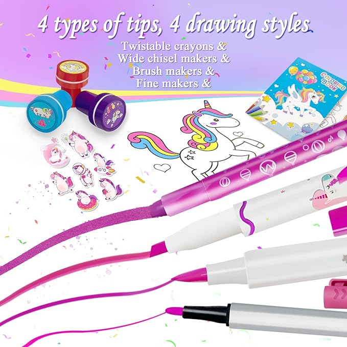weirtoya 56 PCS Washable Scented Markers Set with Glitter Pencil Case, Mermaid Unicorn Arts and Crafts for kids 4-6-8 Kids Coloring Drawing Kits for 4-8 Years Old Girls Birthday Gifts