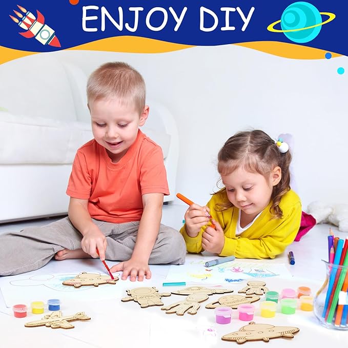LARDUX Space Party Favors, 24PCS DIY Wooden Arts & Crafts Painting Kit for Kids, Glow in The Dark Party Favors Family Crafts Birthday Party Christmas Gifts Toys for Boys Girls