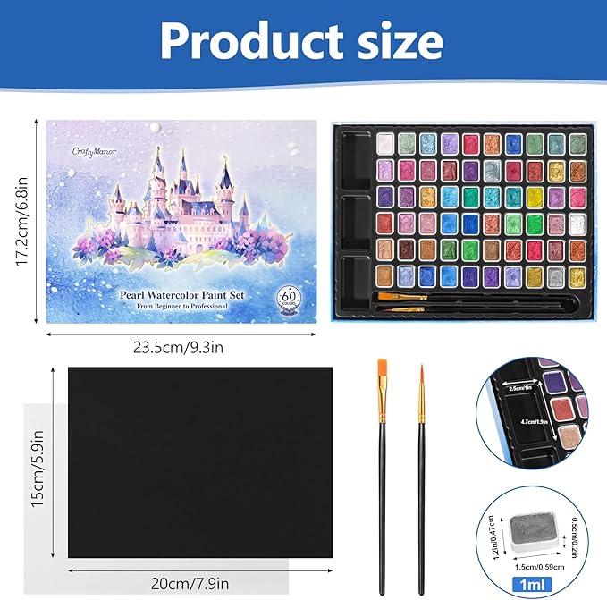 Mini Glitter Watercolor Paint Set with Paper, 60 Colors Shimmer Metallic Watercolour Painting Sets, Solid Pearl Water Color Paints for Adult, Kids, 1ml Trial Package(1ml 60 Colors)
