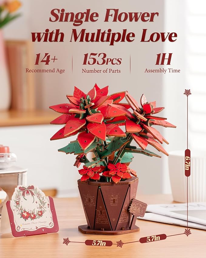 3D Flower Wooden Puzzles for Adults-Poinsettia, DIY Wooden Flowers Model Kit Building Set Crafts for Adults to Build, Botanical Collection/Ideal Creative Gift Ideas/Housewarming (153PCS)