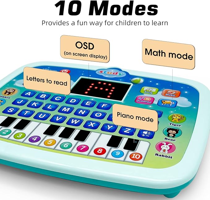 Kid Tablet Toddler Learning Pad Interactive Toy with Screen -Educational Toys Fun Gifts -Music/Piano/ABC/Numbers/Words/Spell/Animals - for Boys&Girls 3+ (Blue)……