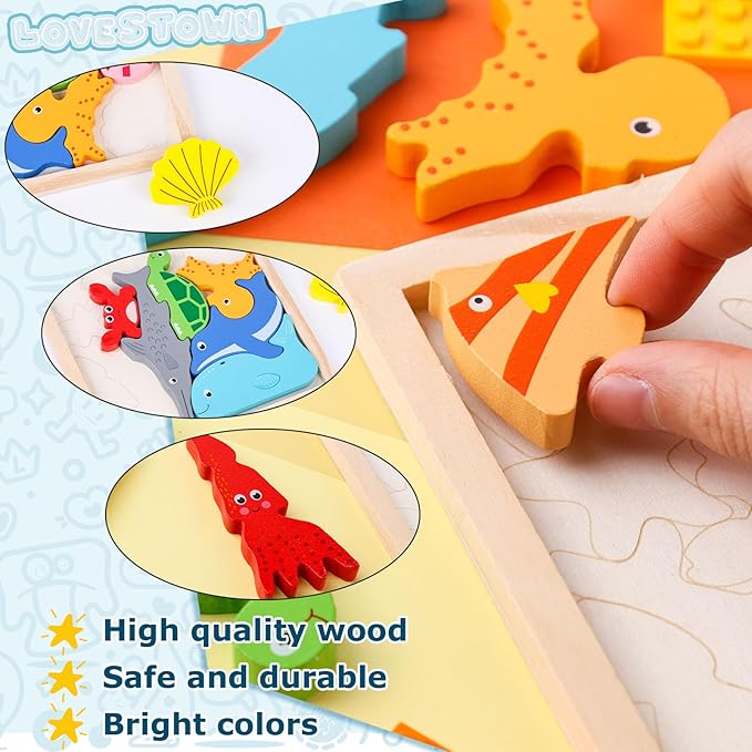LovesTown Wooden Sea Animal Stacking Puzzles, Chunky Montessori Jigsaw Toys for Kids, Educational Preschool Learning Toys, Toddler Birthday Gifts, 12 PCS