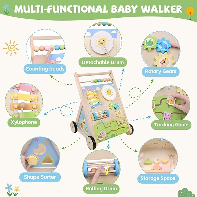 Wooden Baby Walker with Wheels, Montessori Baby Push Walker for Babies 6-12 Months, Baby Activity Center Walking Toy for 1 Year Old Learning to Walk Toddler Girls Boys