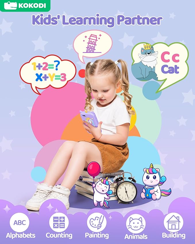 KOKODI Kids Smart Phone Toys, Birthday Gifts Unicorn Toddler Play Phone for Girls 3-10, Touchscreen HD Dual Camera Cell Phone for Kids, Travel Toy Preschool Learning Toy for Kids (Purple)
