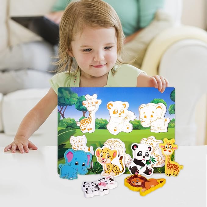 Wooden Peg Puzzle for Toddlers 1-3 Year Old,Funsland Puzzles Gifts Colorful Toys Cartoon Gifts,Zoo Animals Puzzles
