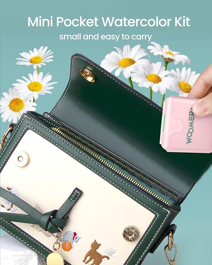 Woomer Pocket Watercolor Paint Set, 9 Vivid Colors Travel Watercolor Paint with 2 Foldable Palettes, Wash Cup, Perfect Water Color Set for Kids Beginner Students Adult Gift