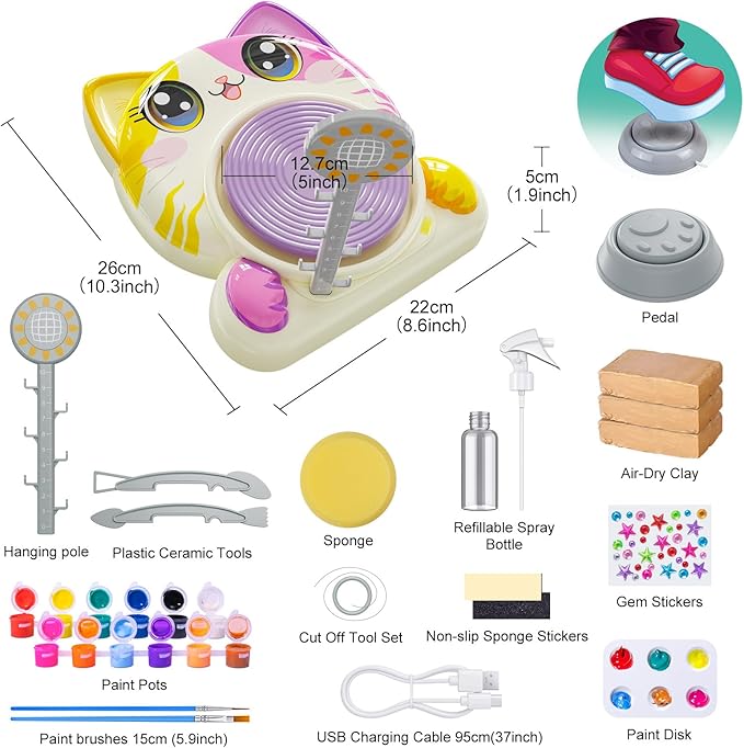 Roaxkois Pottery Wheel for Kids – Complete DIY Arts & Crafts Painting Kit with Air Dry Clay, Paints, Tools, Apron & Stickers – Creative Gift for Girls & Boys Ages 6 7 8 9 10 11 12+