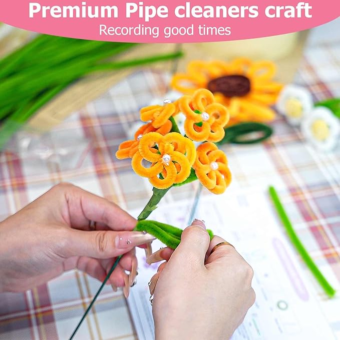 Pipe Cleaners Craft, Multi-Colored Pipe Cleaners Kit, Chenille Stems for DIY Flower Making Kit with Floral Wires, Come with Flower Base, Ideas for Party & Home Decor (A15)
