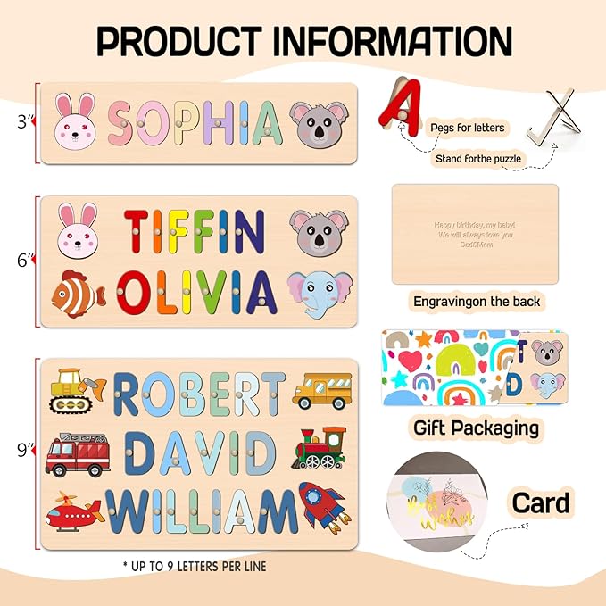 Personalized Name Puzzle for Kids, Customized Baby Gifts First Birthday for Girls & Boys Name Puzzles for Toddlers 1-3 Early Learning Toys Wooden Animal Puzzle Eeducational Toy Alphabet Puzzle