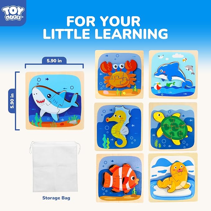 TOY Life Toddler Puzzles Ages 2-4, Wooden Puzzles for Toddlers 1-3, 7 Pcs Sea Animals Puzzle 2 Year Old, Montessori Toddler Boys Girls Toys 2-3, Educational Gift Learning Toys for 2 Year Old