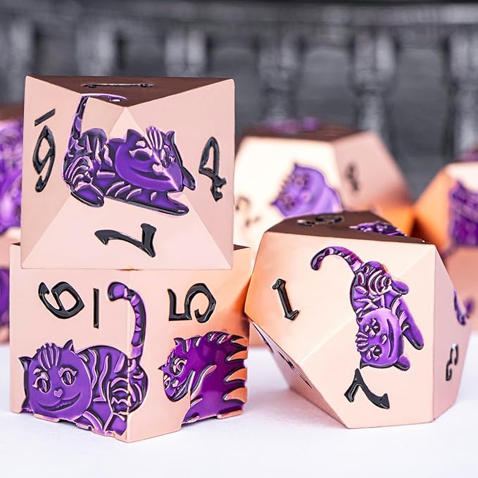 Metal DND Cat Dice 7PCS Polyhedral RPG Dice Set with Gift Case for Dungeons Dragons Role Playing Game, D and D Dice D6 D8 D10 D12 D20 D% (Copper Purple)