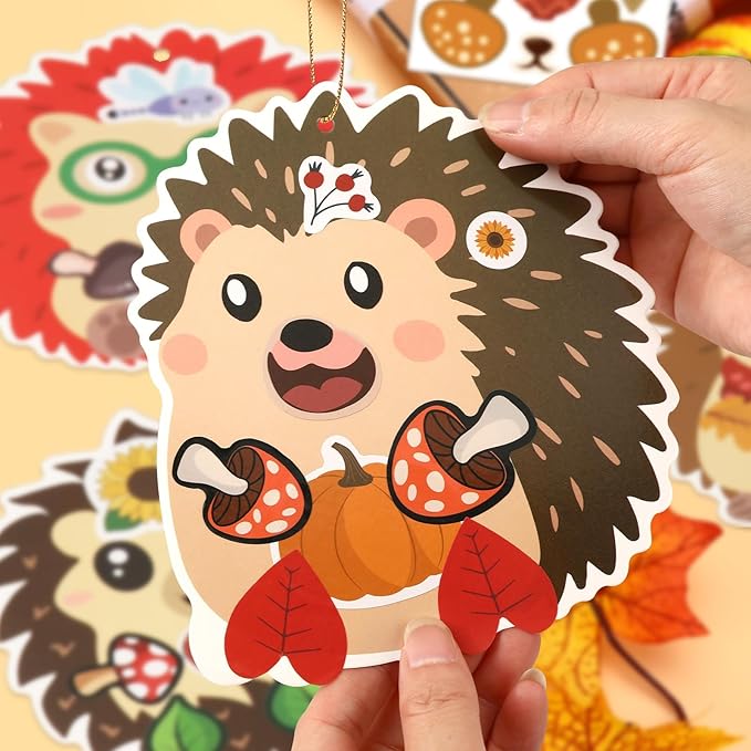 JUNEBRUSHS 30 Piece Fall Hedgehog Craft Set, Autumn Self-Adhesive Stickers Thanksgiving Make Your Own Crafts for Art Classroom Home Fall Harvest Event Party Supplies Decoration