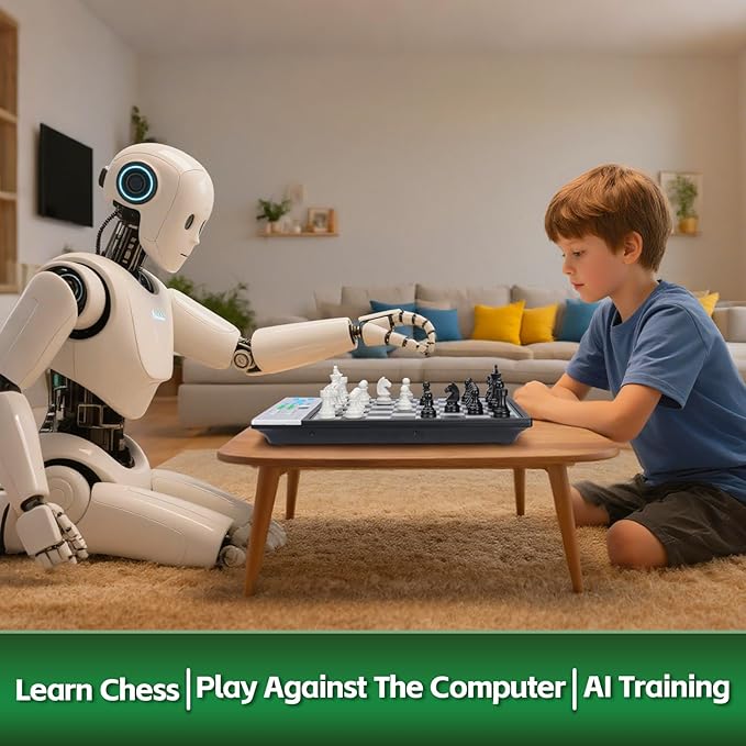Advanced Electronic Chess Board, Smart Computer Chess Set, AI Voice Coach Learning for Kids, ELO 2200+ for Improving Players, Magnetic Large Pieces & Board Perfect for Adults, LCD Display(Silver)