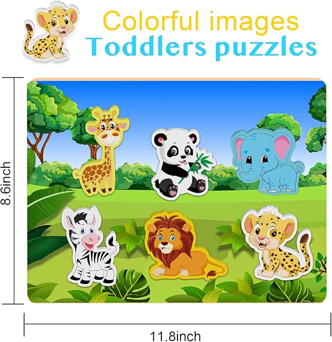 Wooden Peg Puzzle for Toddlers 1-3 Year Old,Funsland Puzzles Gifts Colorful Toys Cartoon Gifts,Zoo Animals Puzzles
