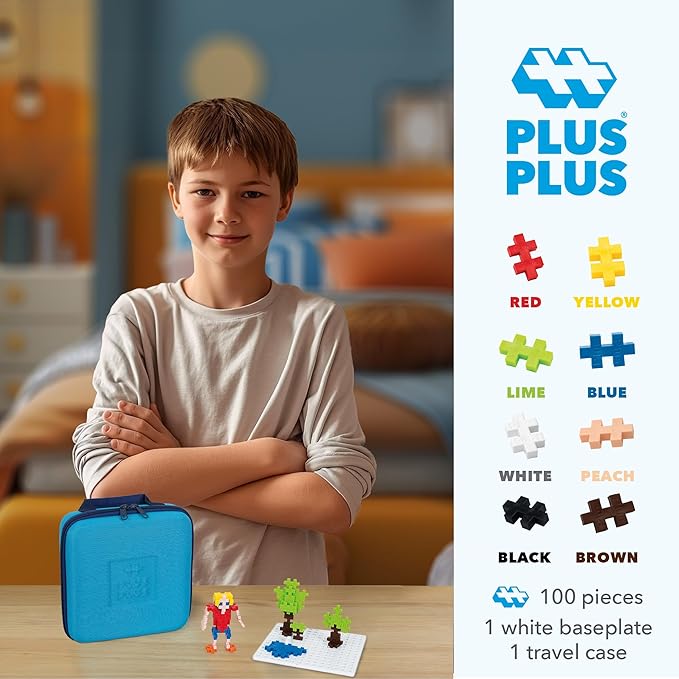 Plus Plus Building Set with Travel Case, 3D Open Ended Stem Toy for Kids, 100 Mini Interlocking Pieces, 1 Baseplate - Basic Mix