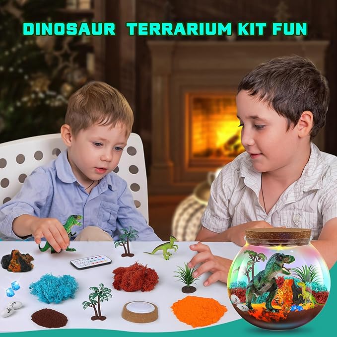 RONSTONE Dinosaur Terrarium Kit for Boys - Dinosaur Toys for Kids - DIY Your Own Light Up Terrarium Kit World - Christmas Birthday Dinosaur Gifts for Boys and Kids 5-7
