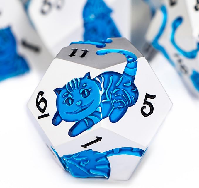 Metal DND Cat Dice 7PCS Polyhedral RPG Dice Set with Gift Case for Dungeons Dragons Role Playing Game, D and D Dice D6 D8 D10 D12 D20 D% (Silver Blue)