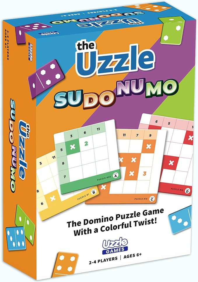 Uzzle Games - Sudonumo Domino - 24 Dominoes, 120 Puzzles, Multi-Level Difficulty (A-D), 2-4 Players, Ages 6+ - Fast-Paced Mind Games - Travel Games for Family Fun