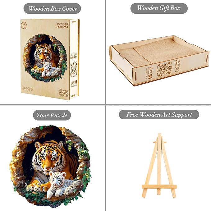 Wooden Puzzle 3D Visual Effect Lion Unique Shape Advanced Wood Puzzle for Adults,Holiday Birthday Gift,Craft kit (Tiger Maternity, Medium)