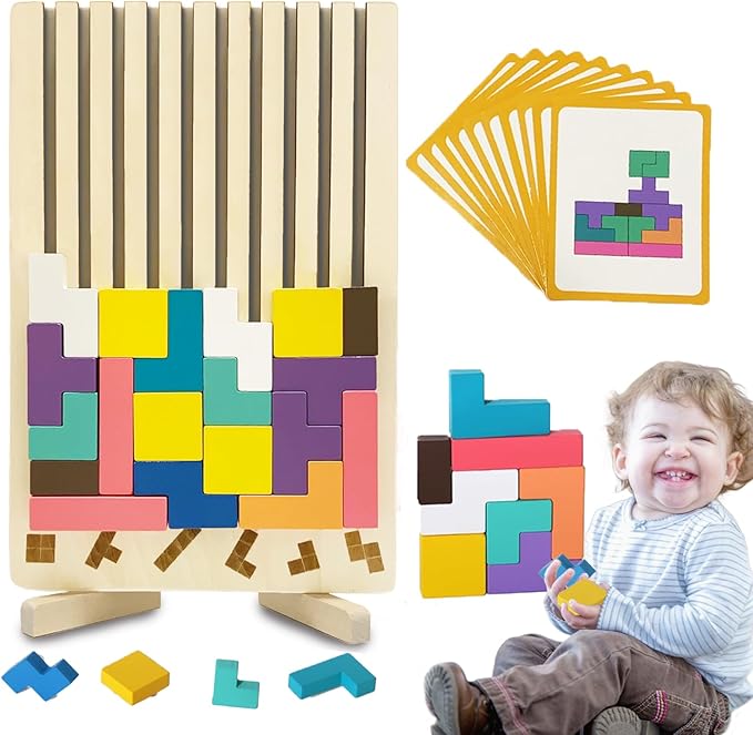 Wooden Stacking Puzzle Toy 3D Wooden Russian Puzzle for Kids, Montessori Wood Stacking Blocks Colored Family Brain Teaser Activity, Giant Block Board Toys for Toddlers 3-6 Years