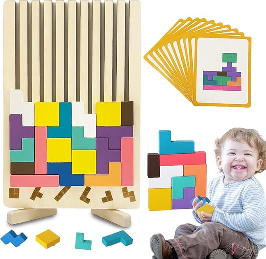 Wooden Stacking Puzzle Toy 3D Wooden Russian Puzzle for Kids, Montessori Wood Stacking Blocks Colored Family Brain Teaser Activity, Giant Block Board Toys for Toddlers 3-6 Years