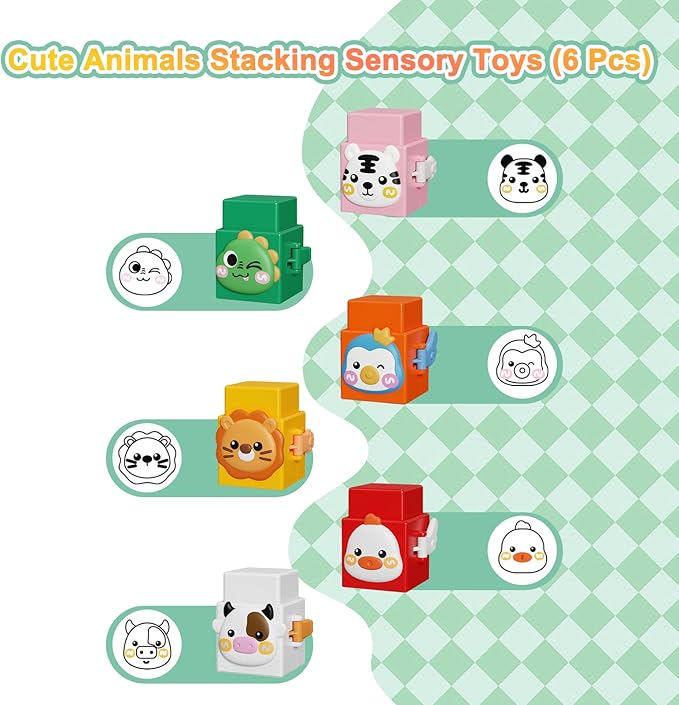 6 PCS Stacking Toys Set for Toddlers 18+ Months 1 2 3 4 Years Old Boys Girls Preschool Sensory Block Toys Pressable Animals Stacking Blocks with Cute Expressions Fun Christmas Birthday Gifts for Kids