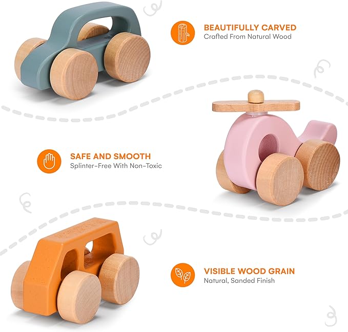 CHILDLIKE BEHAVIOR Wooden Cars for Toddlers 1-3 - Wood Push Truck Vehicle - Montessori Car Toys - Wooden Rattle Teething Toys - Colorful Wood Cars for Kids, Boys, & Girls (Set of 3)