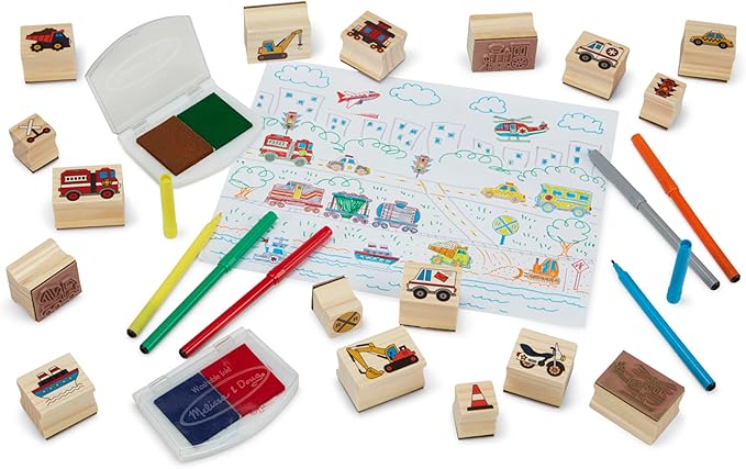Melissa & Doug Deluxe Wooden Stamp and Coloring Set – Vehicles (30 Stamps, 6 Markers, 2 Durable 2-Color Stamp Pads)