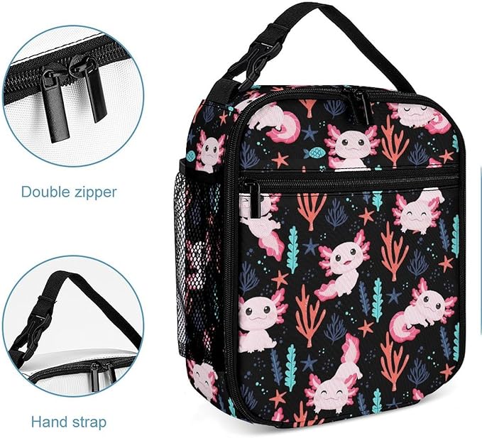 Axolotl Lunch Box - Cute Reusable Axolotl Lunch Bag for Women Men Kids - Small Portable Foldable Insulated Lunchbox for School Work Picnic
