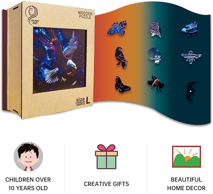 Wooden Puzzle for Adults,Magical Eagle Jigsaw Puzzles(14.9 * 14.9 inch-300 Piece),Beautiful Wooden Puzzle with Box Birthday Gifts for Adults Family Game