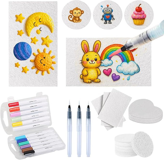 Magic Puffy Paint Foam Texture Painting Kit: 36 Sheets 3D Foam Texture Paper (Round, Heart, Rectangle) with Watercolor Pens & Brushes, DIY Puffy Popcorn Drawing Art Set for Kids & Crafts