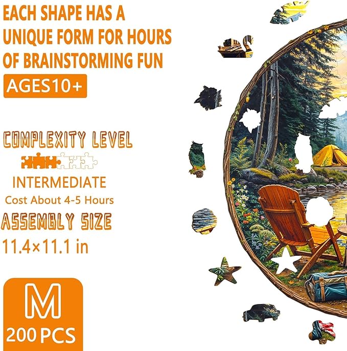 Wooden Puzzles for Adults, Forest Travel Wood Puzzles Adult, Unique Shape Wooden Jigsaw Puzzle, Presents for Family and Friends, Wall Art Home Decor (M-11.4 * 11.1in-200 Pieces)
