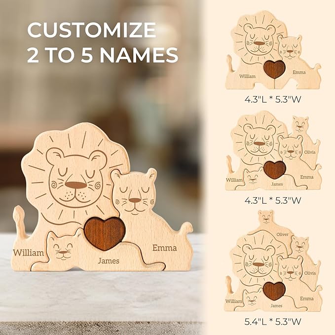 Wooden Lion Family Puzzle, Personalized Puzzles with 2-5 Names, Mothers Day Birthday Gifts for Women Men, Customized Home Decor Housewarming Gifts for Parents Couple Friends