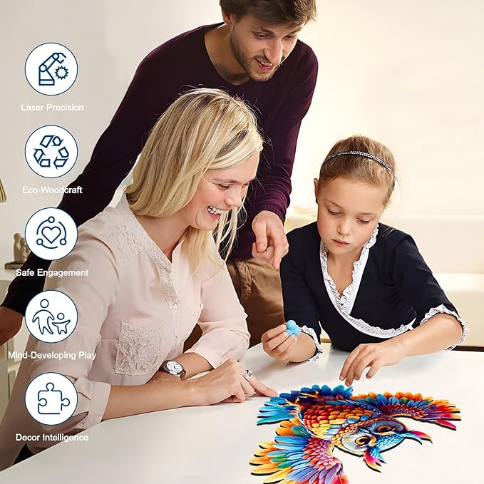 Wooden Jigsaw Puzzles for Adults and Kids, Rainbow Owl 200 Piece Unique Shaped Puzzle, Family Game and Creative Wooden Puzzle Gift, Wall Art Decor