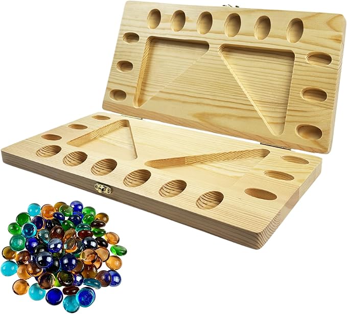 4-Player Mancala Board Game, Foldable Solid Wood with 110 Multi-Coloured Glass Beads, Instruction Manual, Non-Slip Mat,Suitable for Family Party Travelling Adults Puzzle Interactive Game.