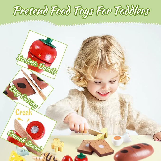 Wooden Bakery Toy Food Breakfast Set for Kids,Pretend Play Food Kitchen Accessories with Crates,Fake PlaySets Montessori Toys,Toddlers Cutting Food Gift for Boys and Girls Ages 3+